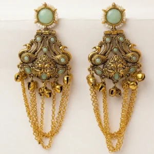 Traditional Kashmiri Antique Gold-Plated Long Chain Jhumka Earrings with Mint Green Stones