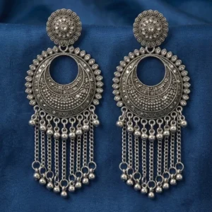 Antique Oxidised Silver Floral Chandbali Earrings with Long Chain Ghungroos