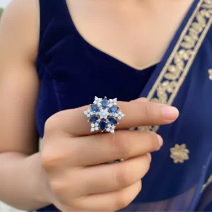 Luxury Blue Stone American Diamond Floral Ring for Women