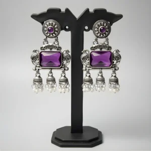 Oxidised Silver Plated Purple Stone Pearl Jhumka Earrings for Women & Girls