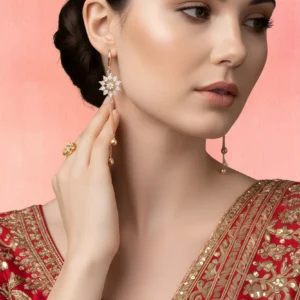 Designer Floral Crystal Tassel Drop Earrings for Women | Premium Rose Gold DC Party Wear Earrings