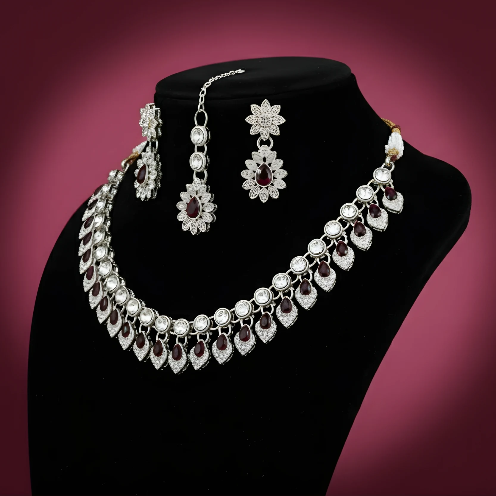 Luxury Maroon Crystal Bridal Necklace Set for Women | Designer Wedding Jewellery Set with Earrings & Maang Tikka - Image 3