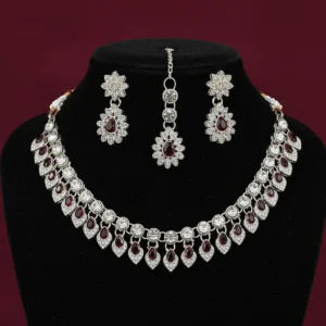 Luxury Maroon Crystal Bridal Necklace Set for Women | Designer Wedding Jewellery Set with Earrings & Maang Tikka