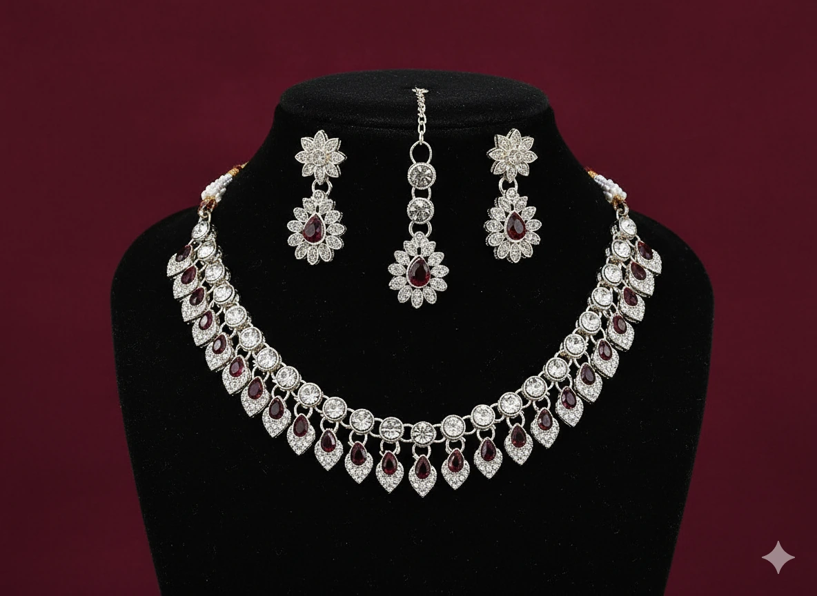 Luxury Maroon Crystal Bridal Necklace Set for Women | Designer Wedding Jewellery Set with Earrings & Maang Tikka