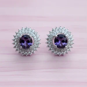 Luxury Purple Crystal American Diamond Stud Earrings for Women | Silver Plated Party Wear Earrings
