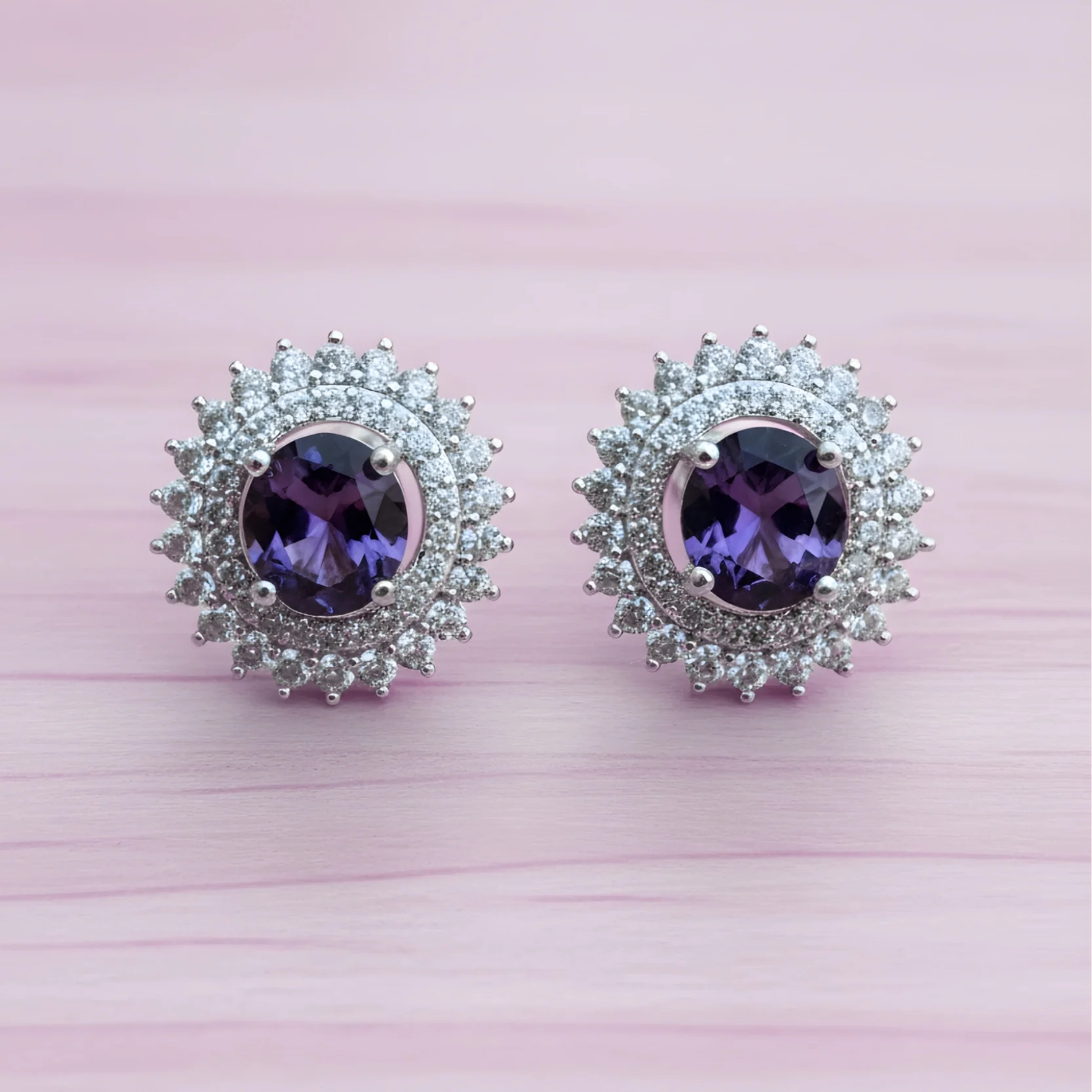 Luxury Purple Crystal American Diamond Stud Earrings for Women | Silver Plated Party Wear Earrings