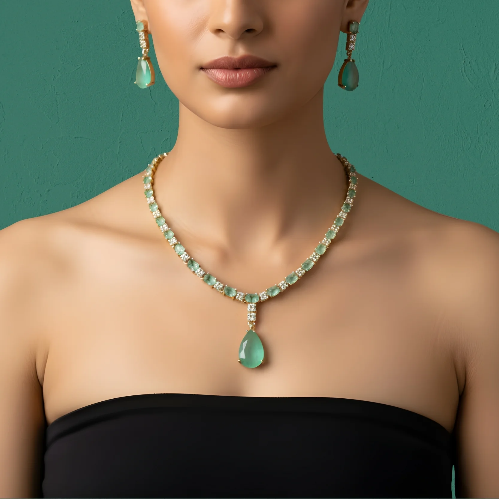 Mint Green Crystal American Diamond Necklace Set for Women | Elegant Party & Wedding Jewellery Set