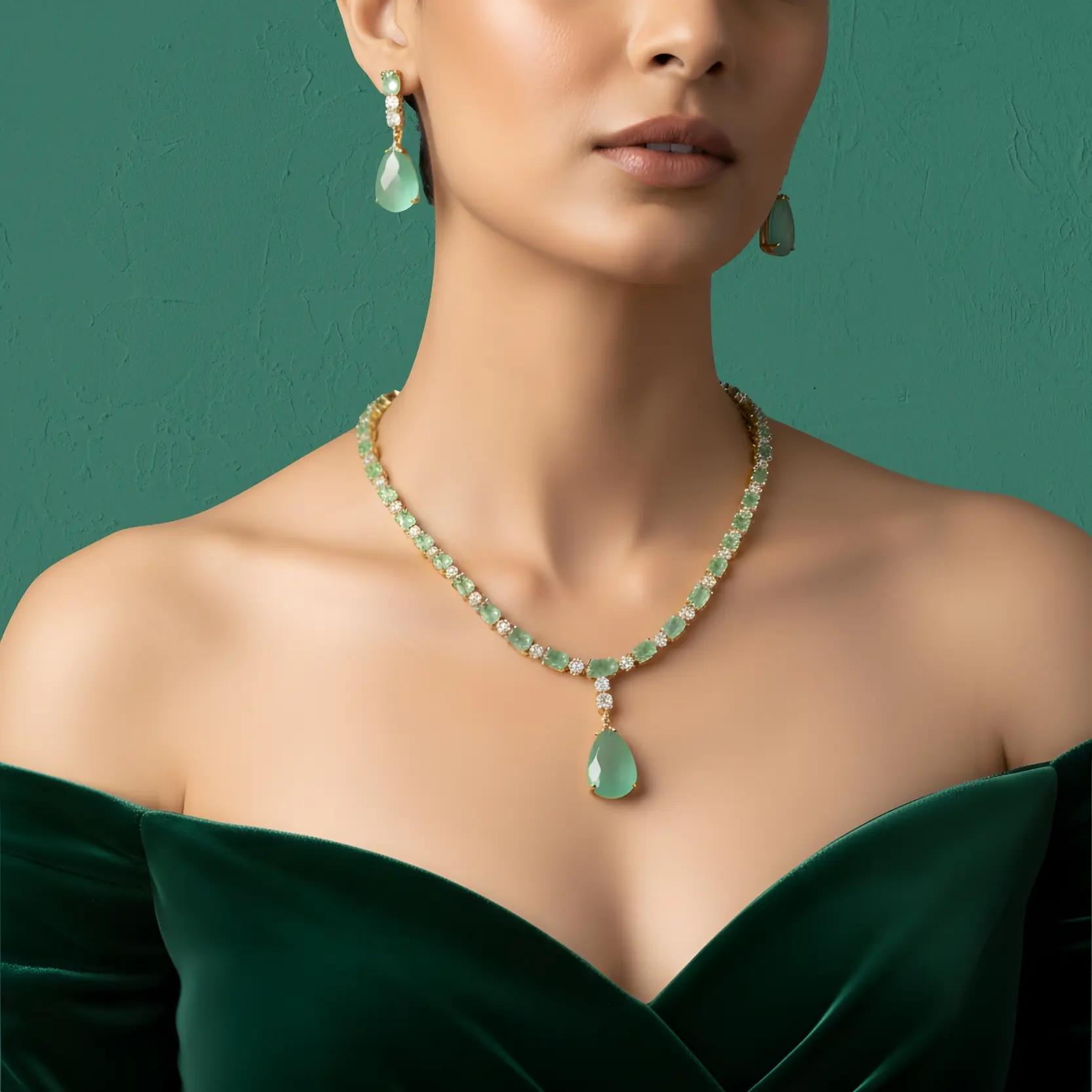 Mint Green Crystal American Diamond Necklace Set for Women | Elegant Party & Wedding Jewellery Set - Image 3