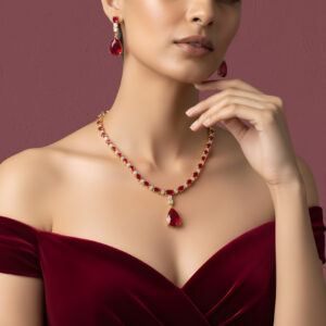 Ruby Red Crystal American Diamond Necklace Set for Women | Luxury Wedding & Party Wear Jewellery Set